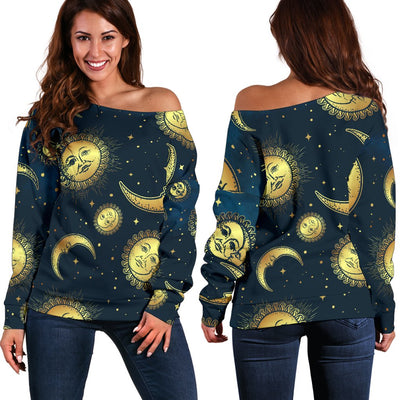 Gold Sun Moon Face Off Shoulder Sweatshirt