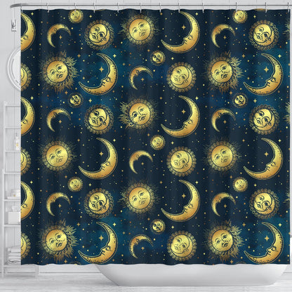 Gold Sun Moon Face Shower Curtain