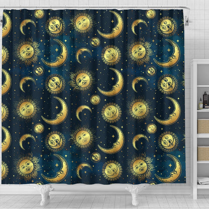 Gold Sun Moon Face Shower Curtain