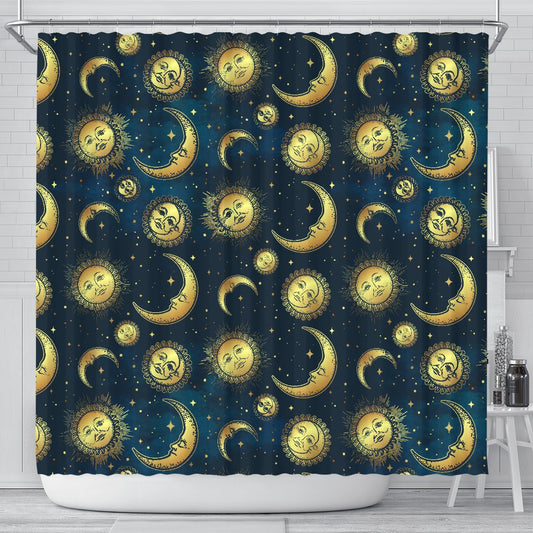 Gold Sun Moon Face Shower Curtain