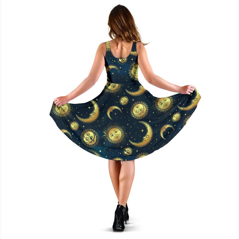 Gold Sun Moon Face Sleeveless Mini Dress