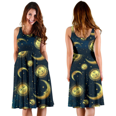 Gold Sun Moon Face Sleeveless Mini Dress