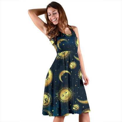 Gold Sun Moon Face Sleeveless Mini Dress