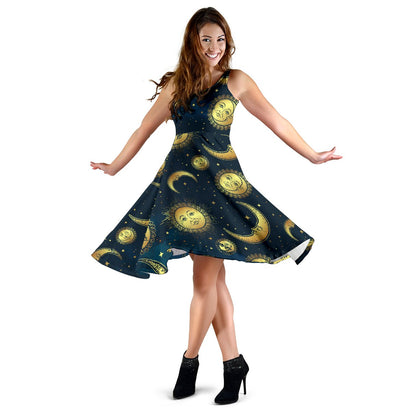 Gold Sun Moon Face Sleeveless Mini Dress