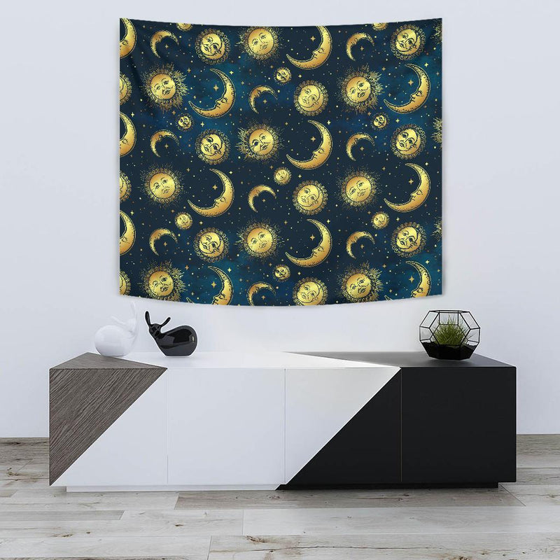 Gold Sun Moon Face Tapestry