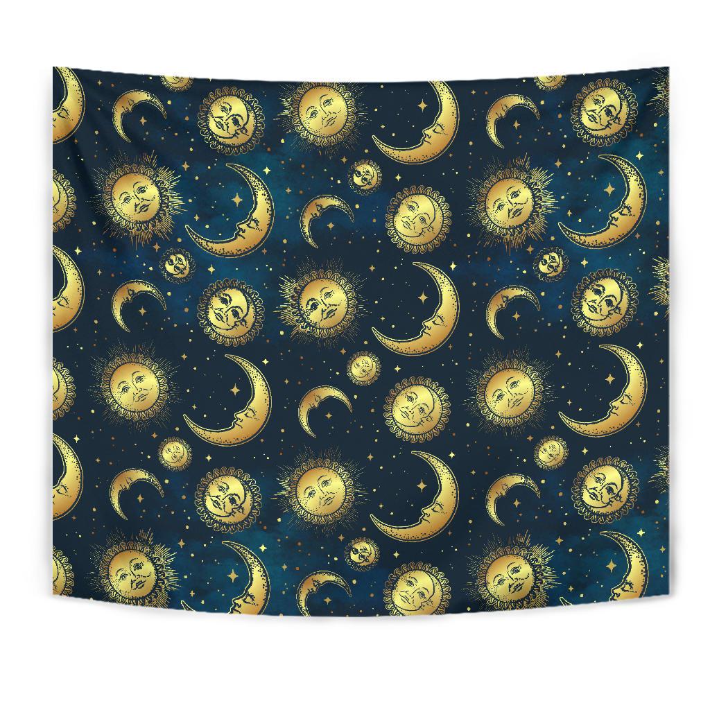 Gold Sun Moon Face Tapestry