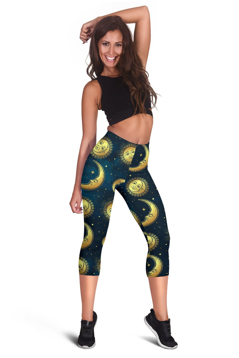 Gold Sun Moon Face Women Capris