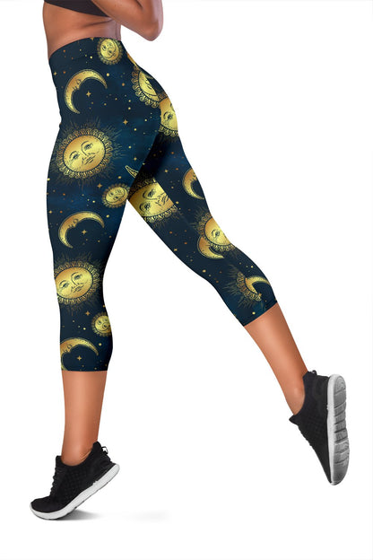 Gold Sun Moon Face Women Capris