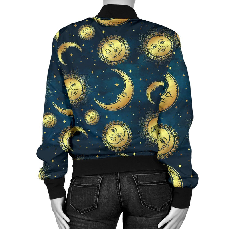 Gold Sun Moon Face Women Casual Bomber Jacket