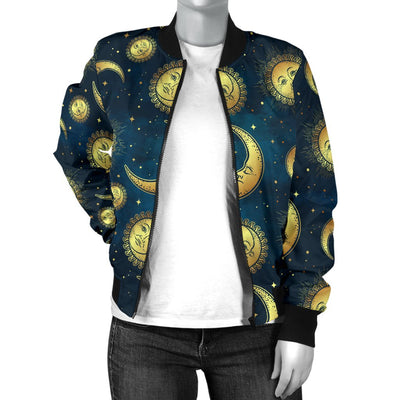 Gold Sun Moon Face Women Casual Bomber Jacket