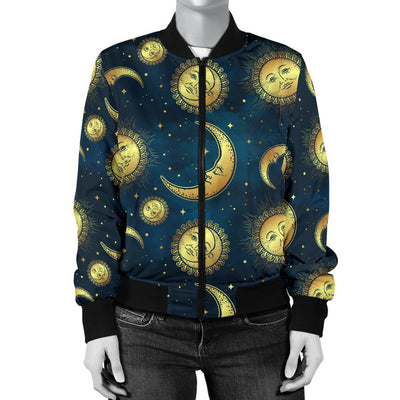 Gold Sun Moon Face Women Casual Bomber Jacket