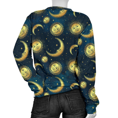 Gold Sun Moon Face Women Crewneck Sweatshirt