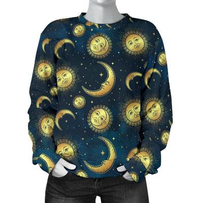 Gold Sun Moon Face Women Crewneck Sweatshirt