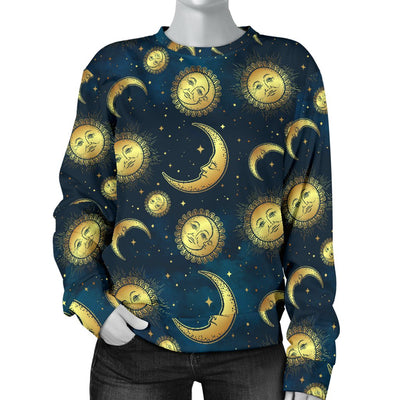 Gold Sun Moon Face Women Crewneck Sweatshirt