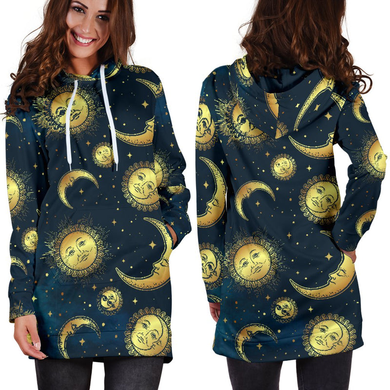 Gold Sun Moon Face Women Hoodie Dress