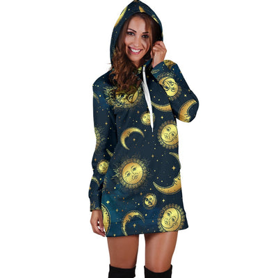 Gold Sun Moon Face Women Hoodie Dress