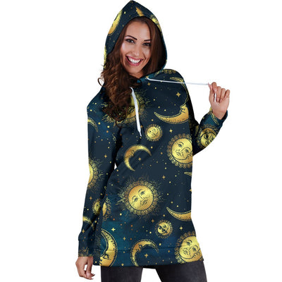 Gold Sun Moon Face Women Hoodie Dress