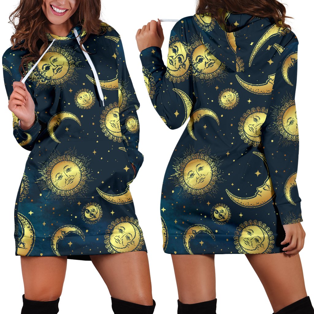 Gold Sun Moon Face Women Hoodie Dress