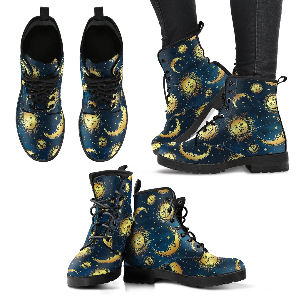 Gold Sun Moon Face Women Leather Boots