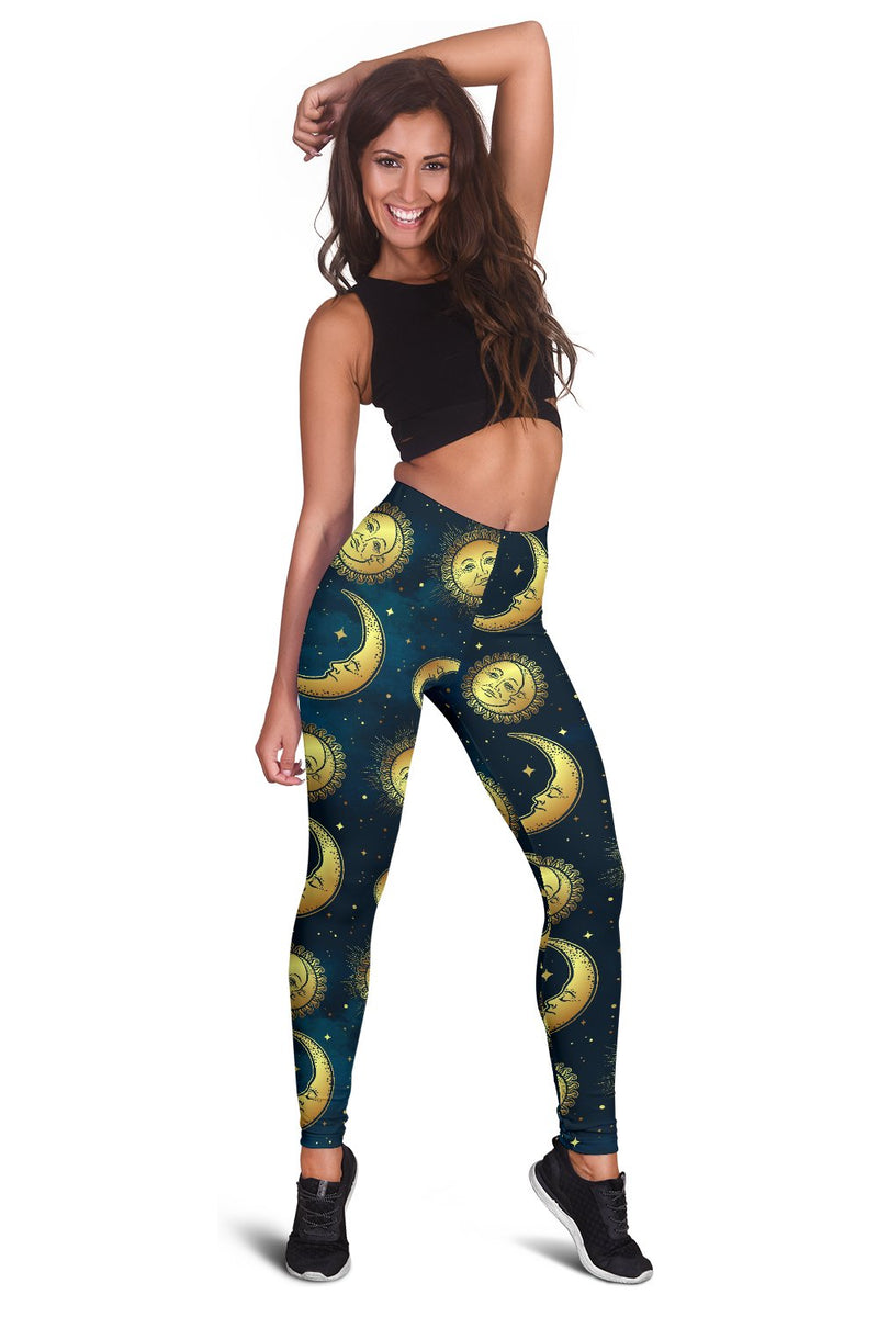 Gold Sun Moon Face Women Leggings