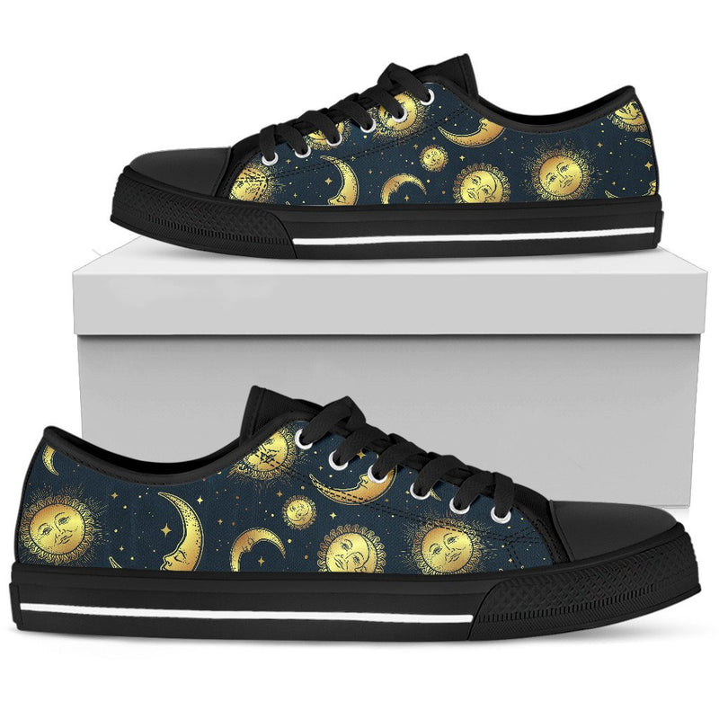 Gold Sun Moon Face Women Low Top Shoes