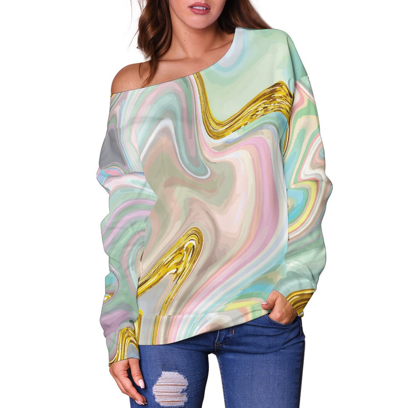 Gold Sweet Marble Off Shoulder Sweatshirt