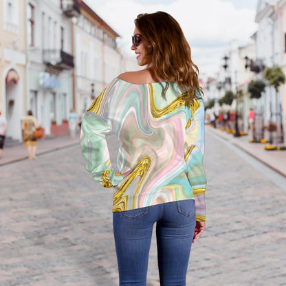 Gold Sweet Marble Off Shoulder Sweatshirt