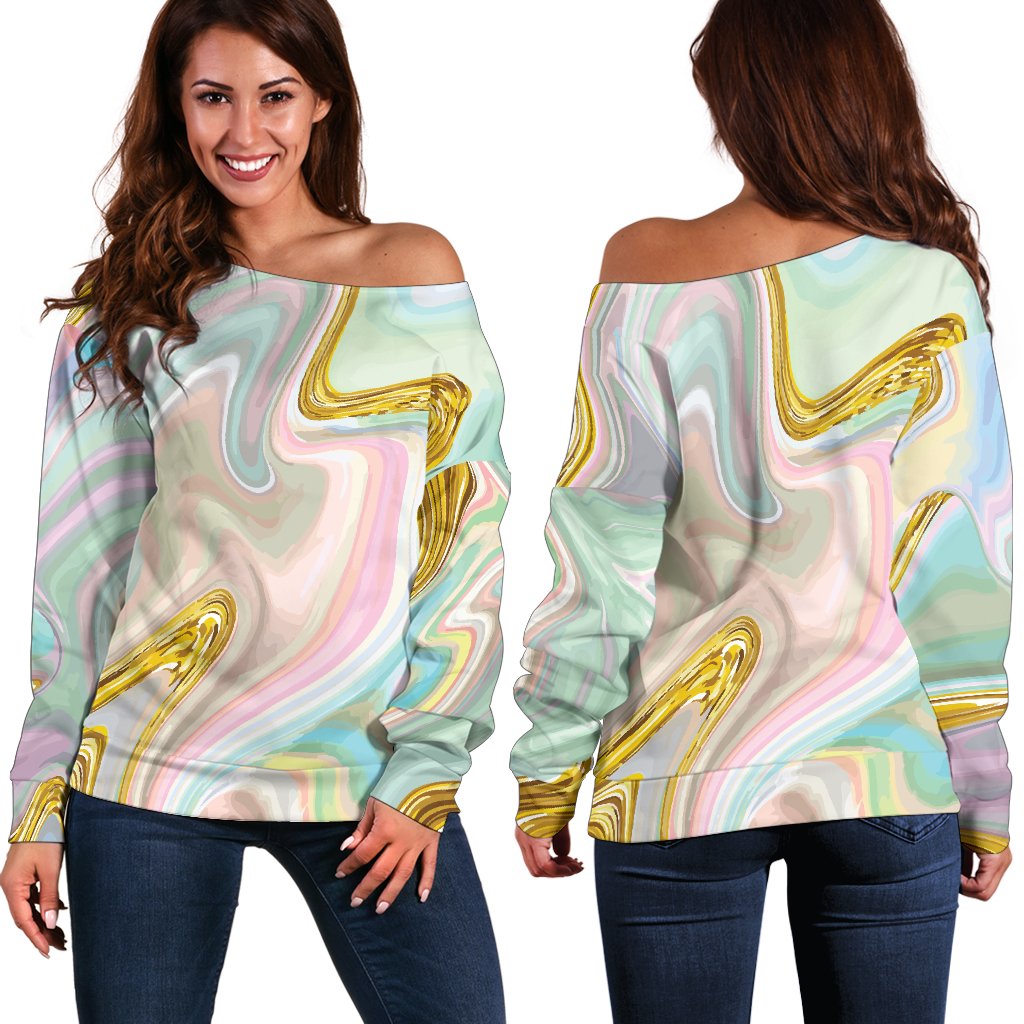 Gold Sweet Marble Off Shoulder Sweatshirt