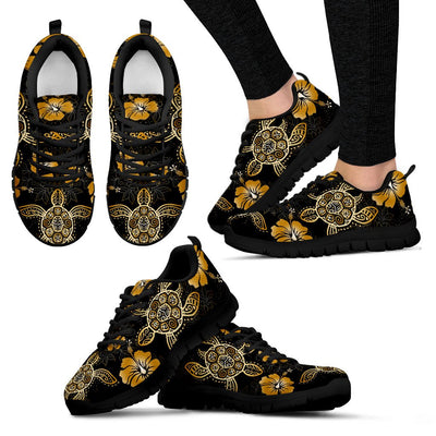 Gold Turtle Hibiscus Tribal Design JJ01 Women Sneakers Shoes