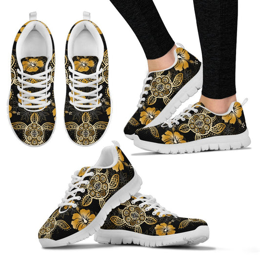 Gold Turtle Hibiscus Tribal Design JJ01 Women Sneakers Shoes