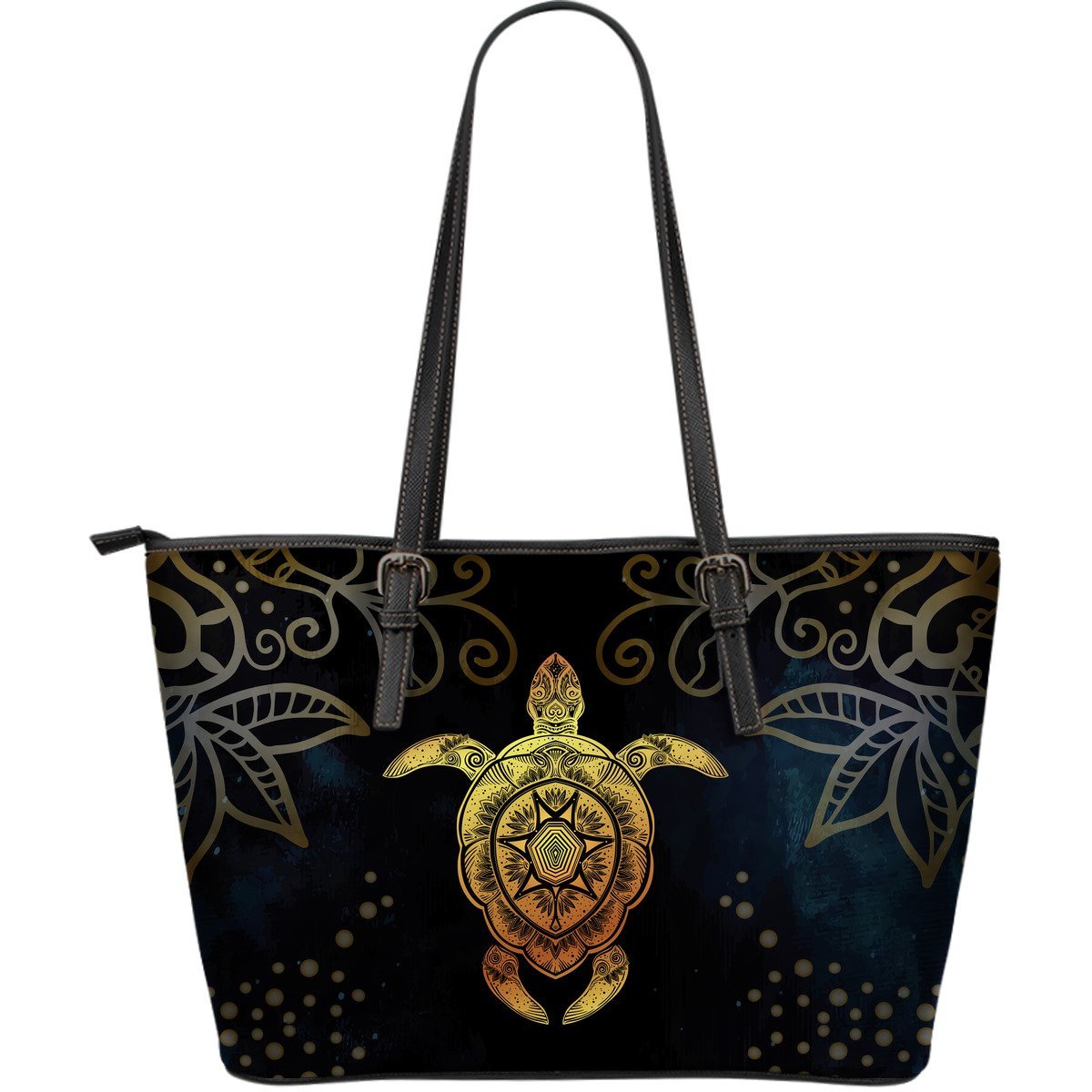 Gold Sea Turtle Mandala Large Leather Tote Bag