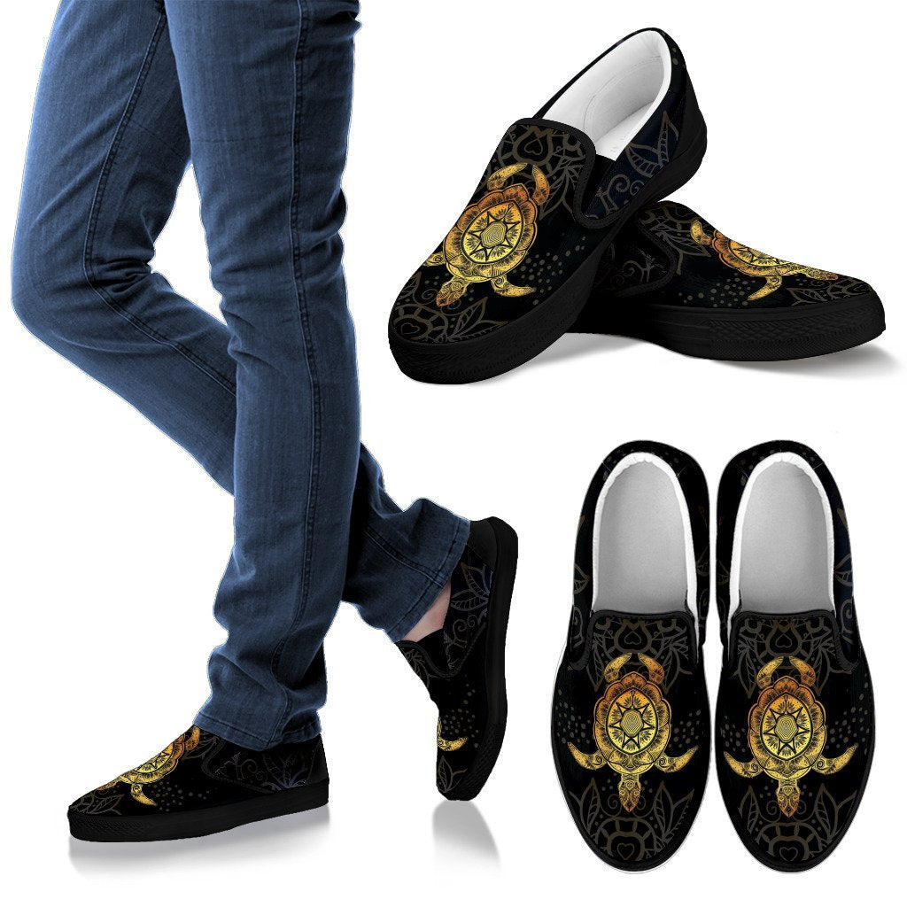 Gold Sea Turtle Mandala Women Canvas Slip On Shoes