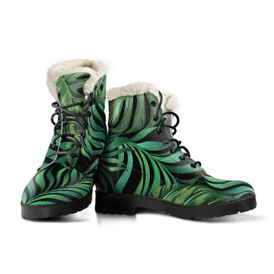 Green Fresh Tropical Palm Leaves Faux Fur Leather Boots