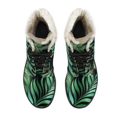 Green Fresh Tropical Palm Leaves Faux Fur Leather Boots