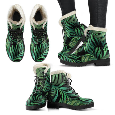 Green Fresh Tropical Palm Leaves Faux Fur Leather Boots