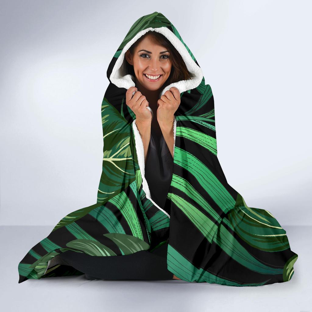 Green Fresh Tropical Palm Leaves Hooded Blanket-JORJUNE.COM