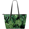 Green Fresh Tropical Palm Leaves Large Leather Tote Bag