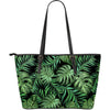 Green Fresh Tropical Palm Leaves Large Leather Tote Bag