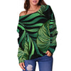 Green Fresh Tropical Palm Leaves Off Shoulder Sweatshirt