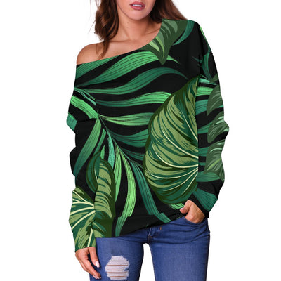 Green Fresh Tropical Palm Leaves Off Shoulder Sweatshirt