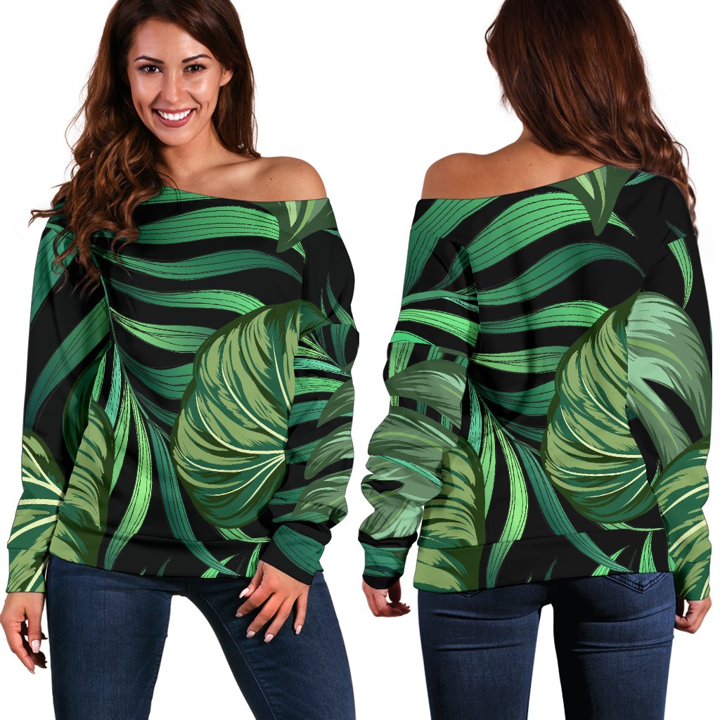 Green Fresh Tropical Palm Leaves Off Shoulder Sweatshirt