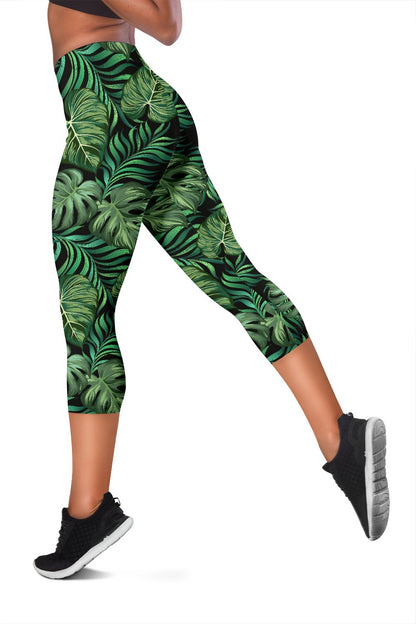 Green Fresh Tropical Palm Leaves Women Capris