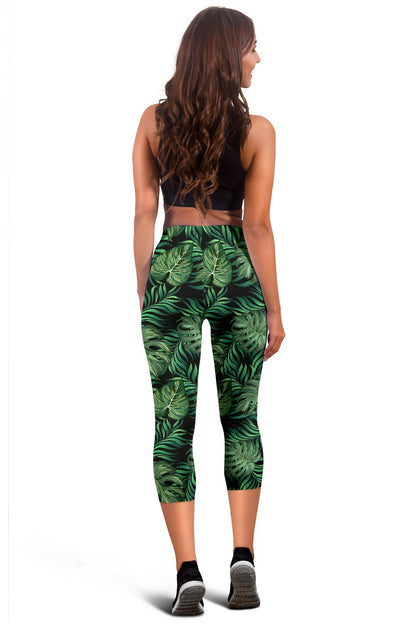 Green Fresh Tropical Palm Leaves Women Capris