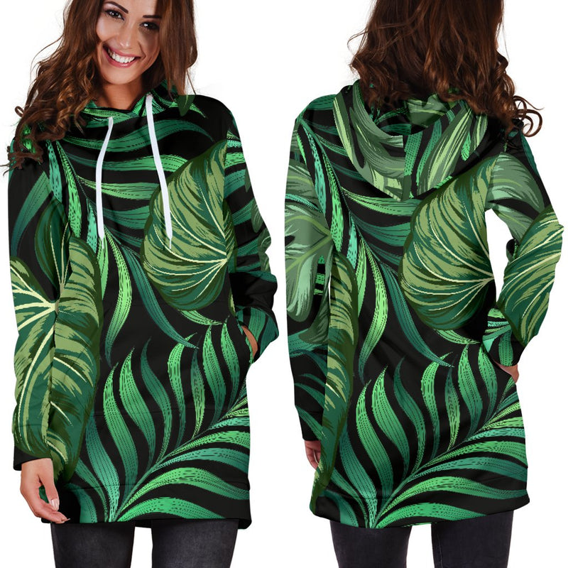 Green Fresh Tropical Palm Leaves Women Hoodie Dress