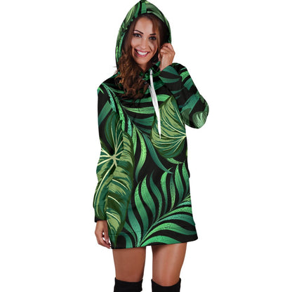 Green Fresh Tropical Palm Leaves Women Hoodie Dress