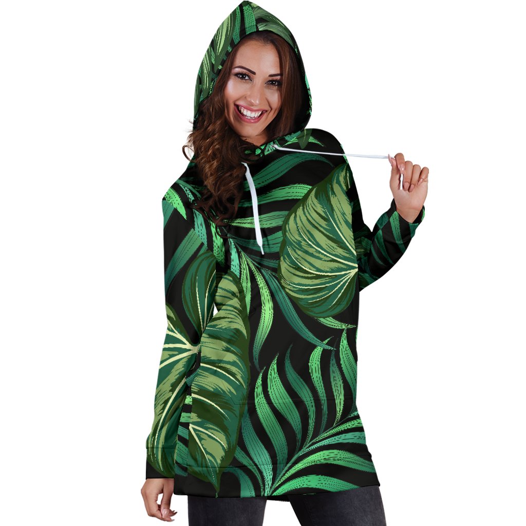 Green Fresh Tropical Palm Leaves Women Hoodie Dress