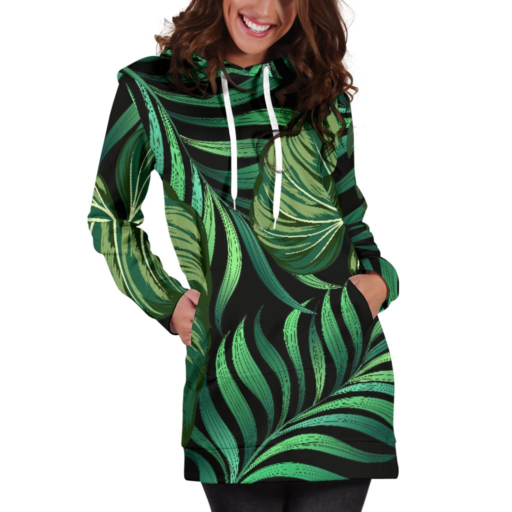 Green Fresh Tropical Palm Leaves Women Hoodie Dress
