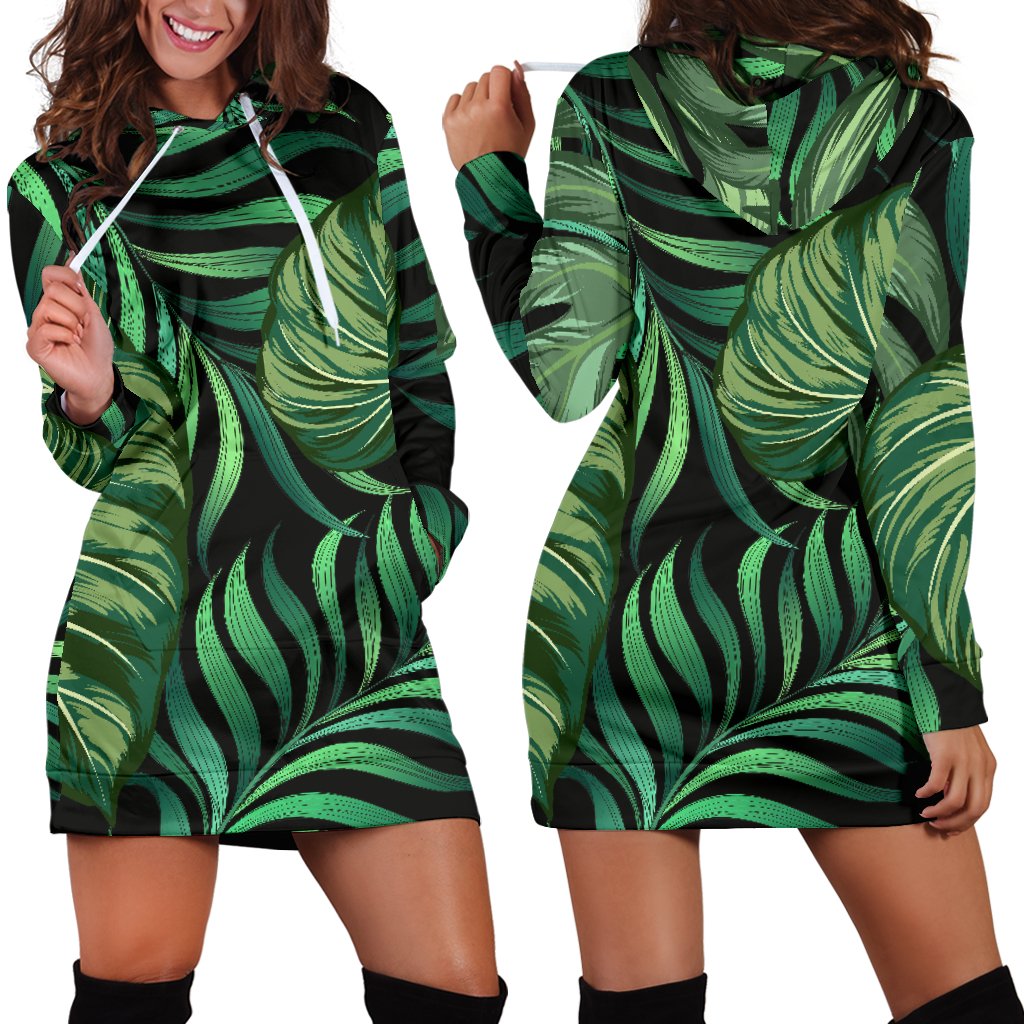 Green Fresh Tropical Palm Leaves Women Hoodie Dress