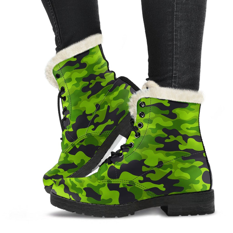 Green Kelly Camo Print Faux Fur Leather Boots