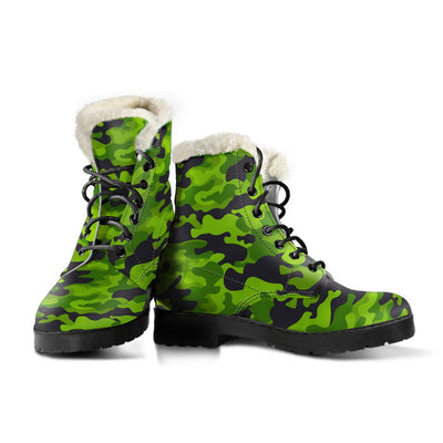Green Kelly Camo Print Faux Fur Leather Boots